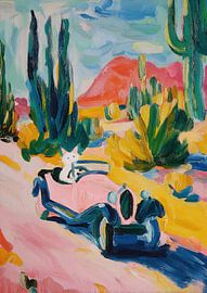 Katze fährt Oldtimer Wüstenmalerei von Niklas Maximilian