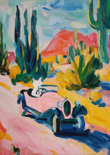 Cat driving vintage car desert painting