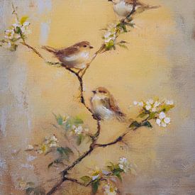 Birds on a blossom-covered branch in soft light by But First Framing