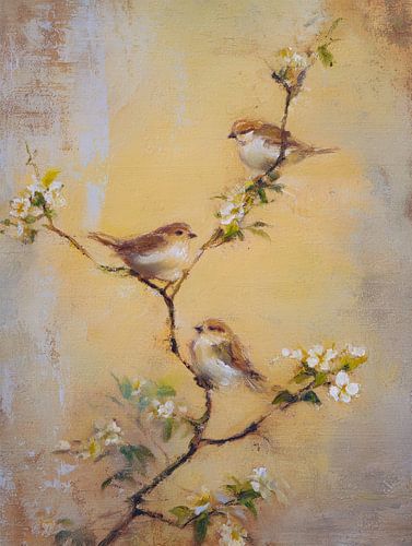 Vögel auf einem blühenden Zweig im sanften Licht