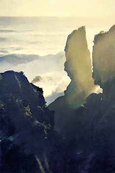 'Standvastig' - Punakaiki - Pancake Rocks - Zonsondergang aan Zee met Wind - Woeste Golven - Nieuw-Zeeland - Digitale Kunst
