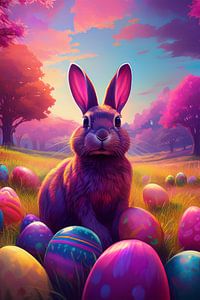 Osterhase mit bunten Ostereiern im Gras mit Birkenbäumen