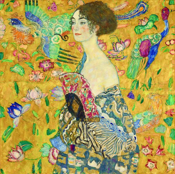 Dame mit Fächer, Gustav Klimt (Gold, digital veredelt) von Meesterlijcke Meesters