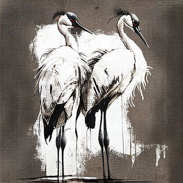 Cranes on linen Black & White van Bianca ter Riet
