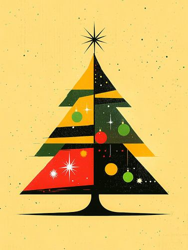 Illustration abstraite rétro de l'arbre de Noël en jaune, vert et rouge avec des formes graphiques