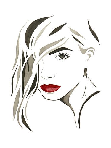 Sexy rode lippen (modern aquarel schilderij portret mooie sexy vrouw dame abstract kapsel beige )