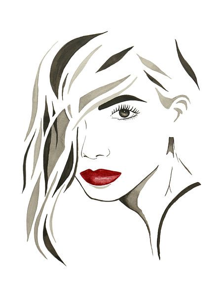 Sexy rode lippen (modern aquarel schilderij portret mooie sexy vrouw dame abstract kapsel beige ) van Natalie Bruns
