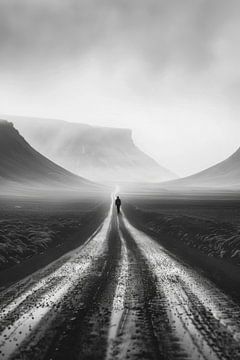 Lonely hiker - black and white photograph of an endless road by Poster Art Shop