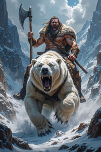 Dark Fantasy Wandbild: FROSTGAR – Der wilde Barbar auf seinem riesigen Eisbären