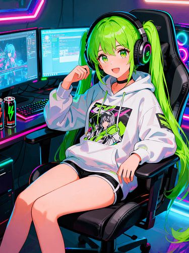 ANIME Gamer Girl Sanctuary – Neongrünes Gaming-Setup mit zwei Zöpfen