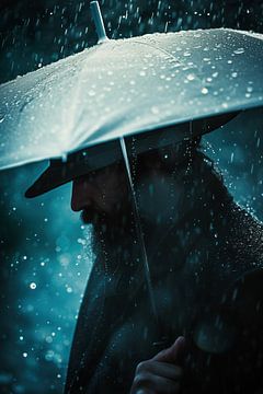 Mystieke wandeling in de regen, man met paraplu van fernlichtsicht