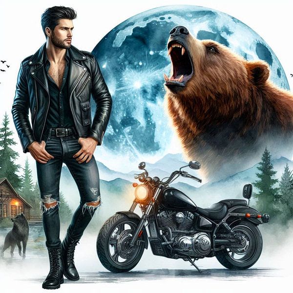 Mann mit Bär und Motorrad von Bernhard Karssies