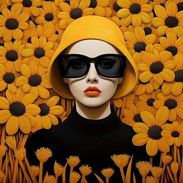 Een vrouw met gele hoed en zonnebril, in een veld met gele bloemen van Laila Bakker