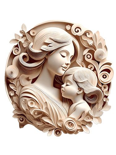 Mother & Child Relief Art – Elegant 3D Style Digital Sculpture
