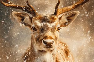 Hirsche in warmen Wintertönen mit Schneeflocken und sanftem Blick