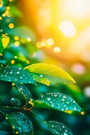 Sonnendurchflutete Blätter mit Tropfen von Poster Art Shop