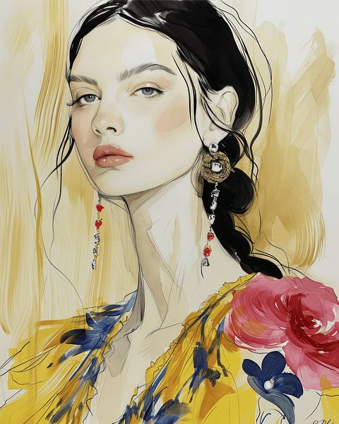 Modern portrait. Illustration in yellow, blue and pink by Carla Van Iersel