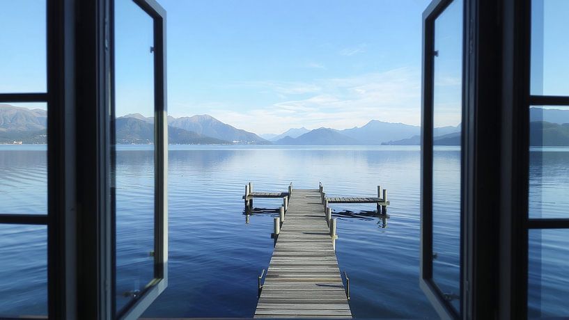 Window view of a lake with jetty by Wandbilder-Shop