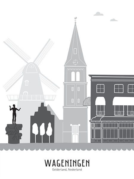 Illustration de la ligne d'horizon de Wageningen en noir et blanc-gris par Mevrouw Emmer