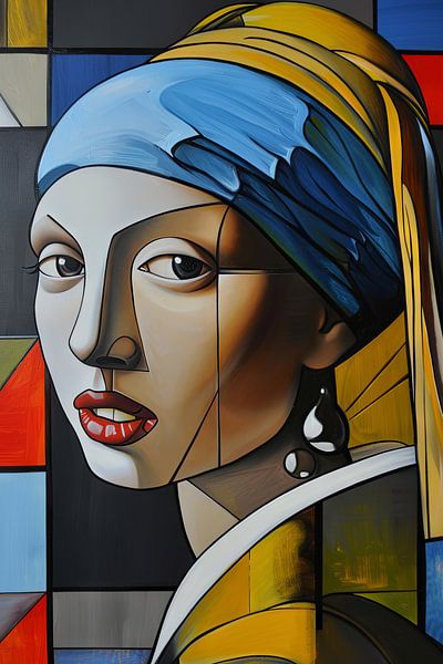 Kubistische Muse – Geometrisches Mädchen mit dem Perlenohrring von Poster Art Shop