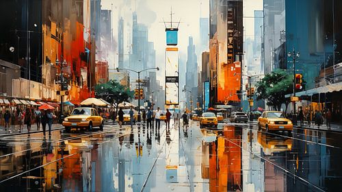 abstract schilderij in de stad met taxi
