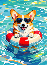 Ein Corgi, der mit Sonnenbrille schwimmt von Karomah Project