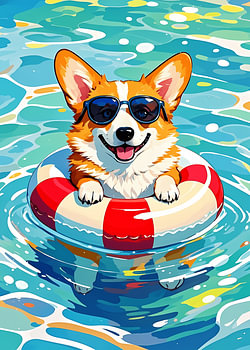 Corgi dog swimming with sunglasses