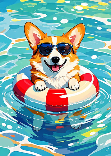 Corgi dog swimming with sunglasses