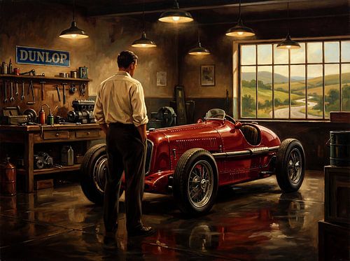 Voiture de course Maserati rouge vintage dans un garage