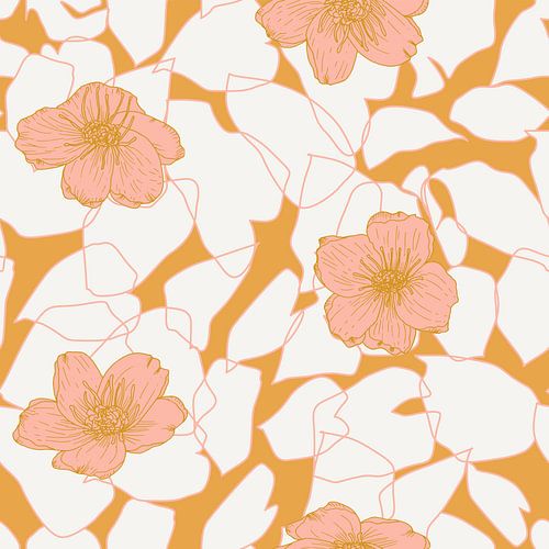 Bloemen in retro stijl. Moderne abstracte botanische kunst. Pastelkleuren roze en natuurlijk geel
