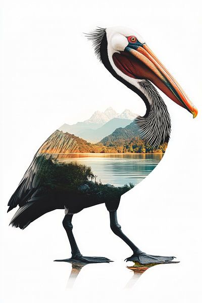 Pelikaan met landschap van Poster Art Shop