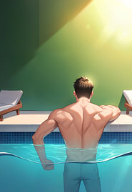 Mediterranean Summer by the Pool – A Sunny Holiday in Blue and Green by Hilde Remerie – Digital Art, Bauhaus & Photography