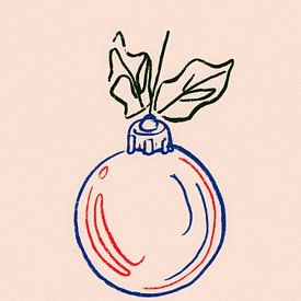 Minimalistische lijntekening van een kerstbal met bladeren in rood en blauw van But First Framing