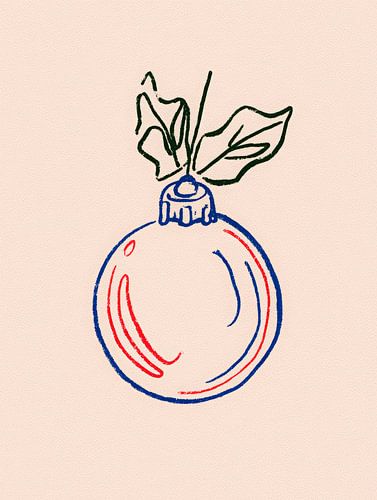 Dessin minimaliste d'une boule avec des feuilles en rouge et bleu