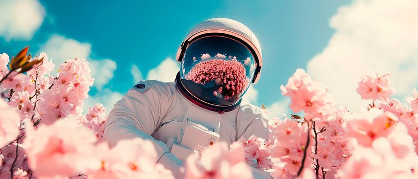 Astronaut zwischen blühenden Blumen von Poster Art Shop