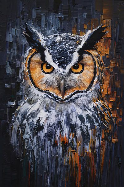 Der intensive Blick einer bunten Eule von Art & Soul Creations