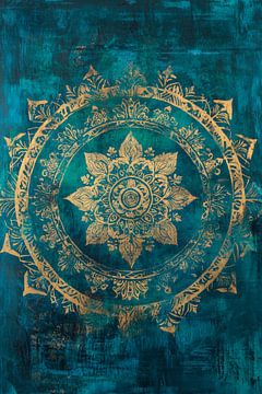Mandala in gold on a deep blue background by Poster Art Shop