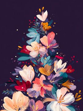 Moderner floraler Weihnachtsbaum auf dunkelviolettem Hintergrund mit satten Farben und weichen Lichtakzenten von But First Framing