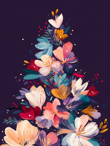 Arbre de Noël moderne et floral sur fond violet profond, avec des couleurs riches et des accents de lumière douce.