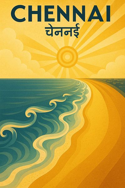 Chennai Marina Beach Poster – Vintage Sunrise &amp; Ocean Waves Art by Travel Shop