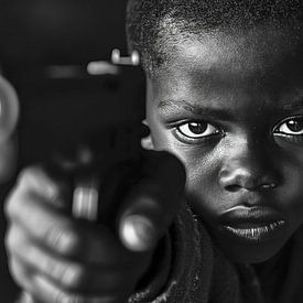 Boy with handgun in monochrome portrait by Frank Heinz