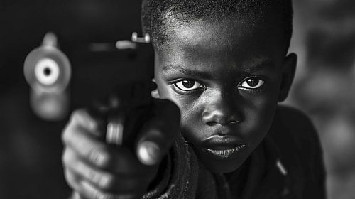 Jongen met pistool in monochroom portret