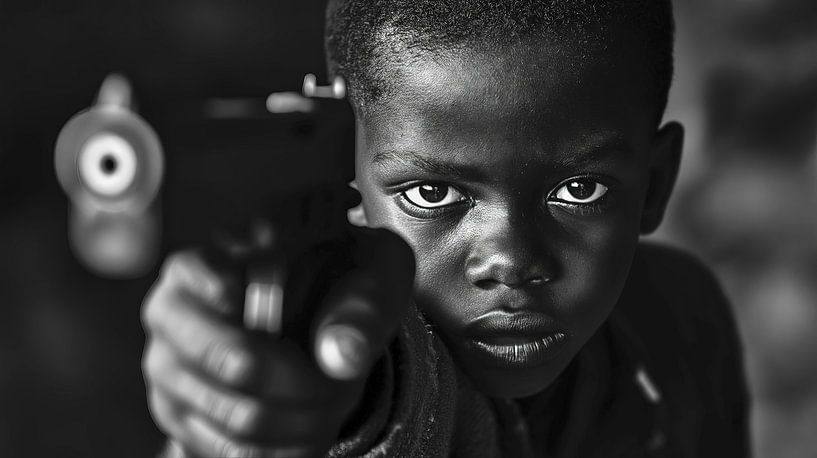 Jongen met pistool in monochroom portret van Frank Heinz