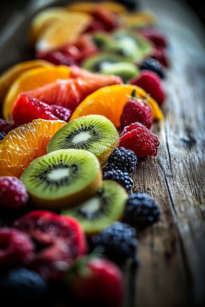 Colourful fruit arranged on a wooden board by Poster Art Shop