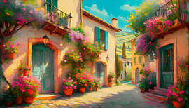Sonnige, mediterrane Gasse voller bunter Blumen von Studio Pieternel