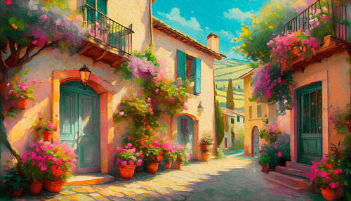 Sonnige, mediterrane Gasse voller bunter Blumen