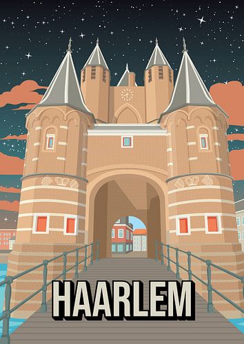 Haarlem : poster atmosphérique de la porte d'Amsterdam la nuit