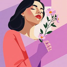 Vrouw met bloemen - roze en paars van Jan Bouma