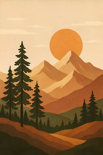 Berglandschap in Boho stijl illustratie.