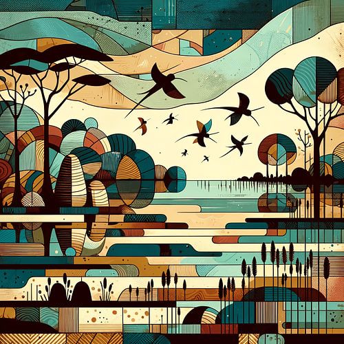 Collage/compositie van lagune cq vogelreservaat in Senegal